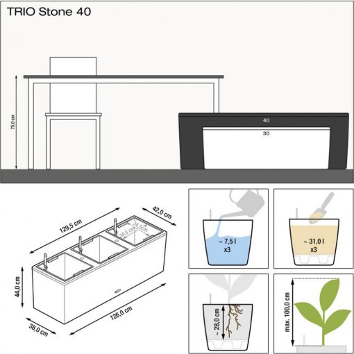 Lechuza TRIO Stone 40 önöntöző készlettel Graphite 